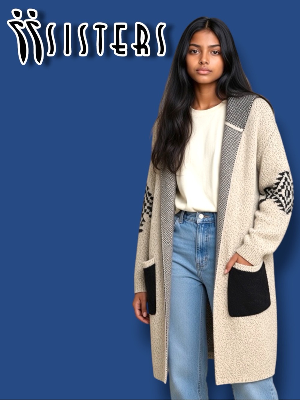 Sister Knit Aztec Designed Long Cardigan in Cream and Black. Size Medium